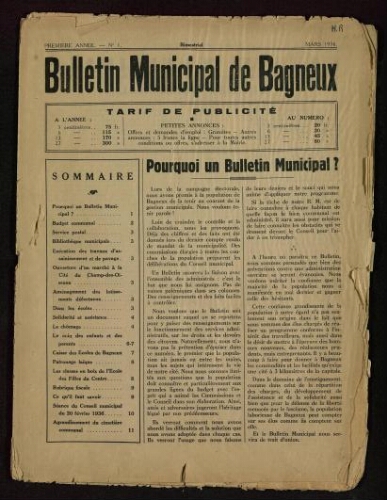 Bulletin municipal de Bagneux, 1936 – n°1